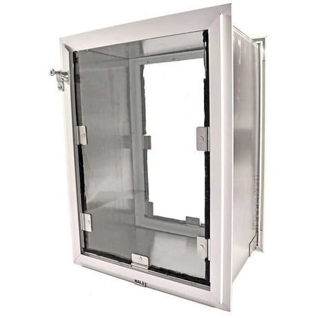 A Hale brand pet door insert with a clear flap and white frame.