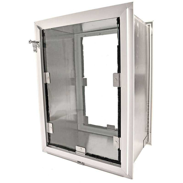 A Hale brand pet door insert with a clear flap and white frame.