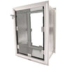 A silver-framed pet door with a clear flap and a locking mechanism is shown at an angle against a white background.