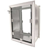 A silver-framed pet door with a clear flap and a locking mechanism is shown at an angle against a white background.