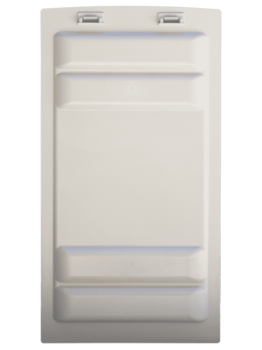 Off-white, molded plastic panel with a rectangular recessed area and two small tabs at the top.