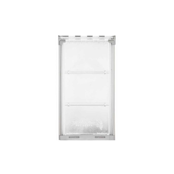 Rectangular pet door with a transparent flap and a gray frame.
