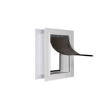A white framed dog door with a flexible dark flap.