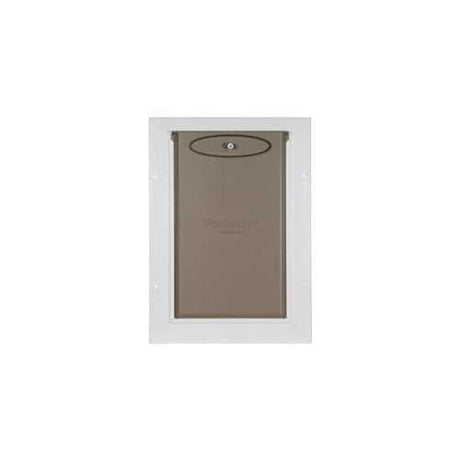 A white-framed pet door with a brown flexible flap.