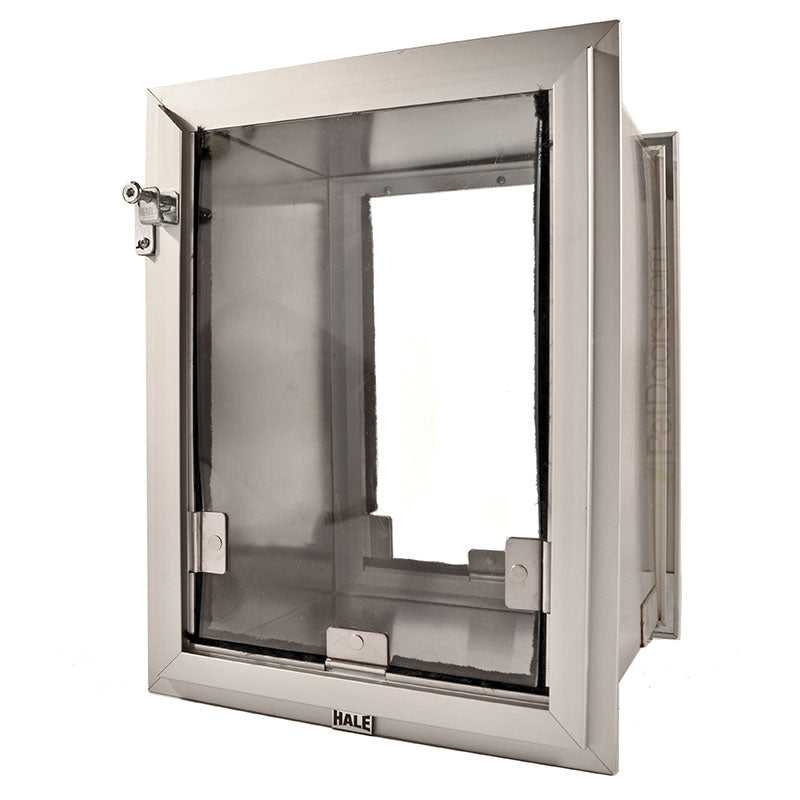 A Hale brand pet door in a stainless steel frame is shown on a white background.