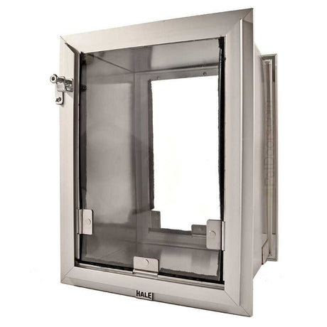 A Hale brand pet door in a stainless steel frame is shown on a white background.