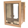 Pet door with metal frame and transparent flap.