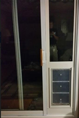 A partially open sliding glass door has an insert with a multi-panel pet door.