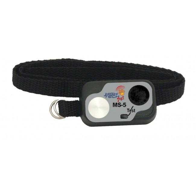 The image shows a black pet collar with a "High Tech Pet" MS-5 device attached.