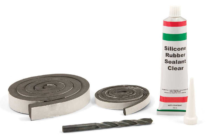The image shows rolls of foam sealing tape, a tube of silicone rubber sealant, a nozzle, and a drill bit.