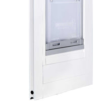 Close-up of a white-framed pet door with a clear flap.