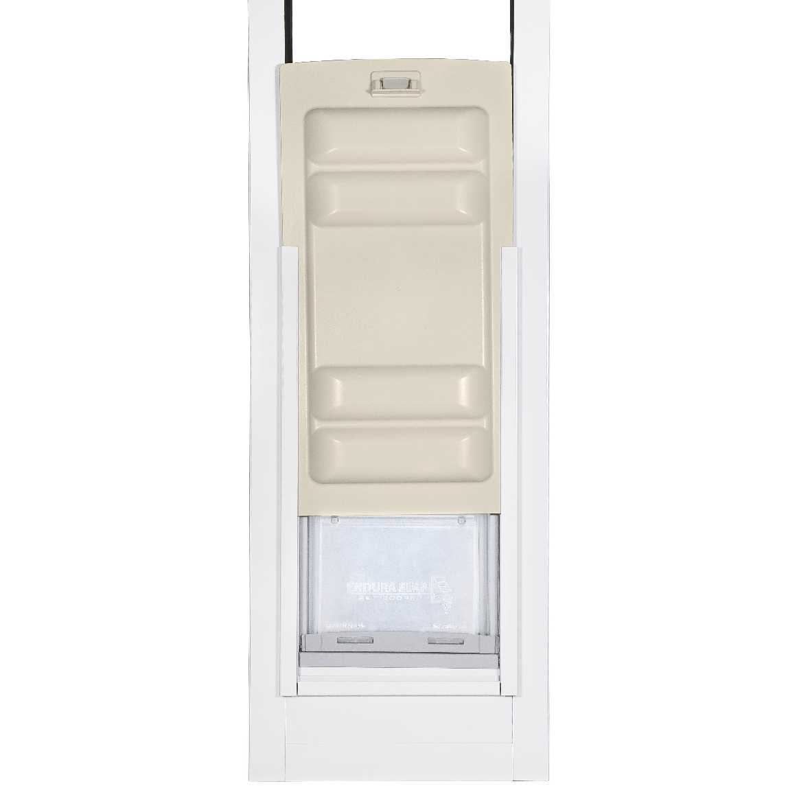 A white framed sliding glass door insert pet door with a beige closure panel.