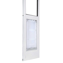 A white dog door insert for a sliding glass door is shown against a white background.