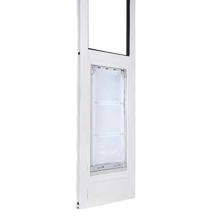 A white dog door insert for a sliding glass door is shown against a white background.