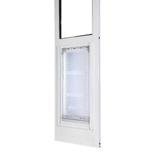 A white sliding glass door with an installed pet door.