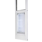 A white sliding glass door insert with a transparent pet door.