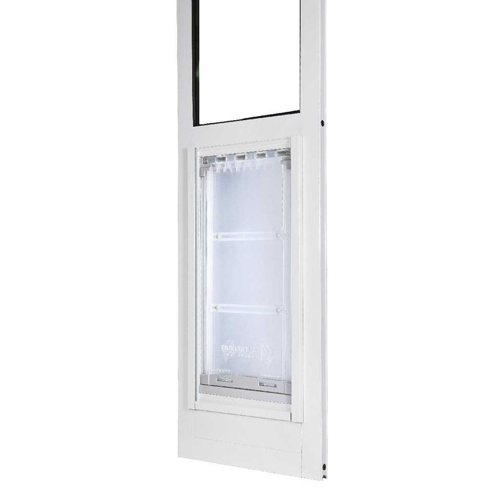 A white sliding glass door insert with a dog door.