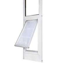 A white-framed pet door with a transparent flap is shown against a white background.