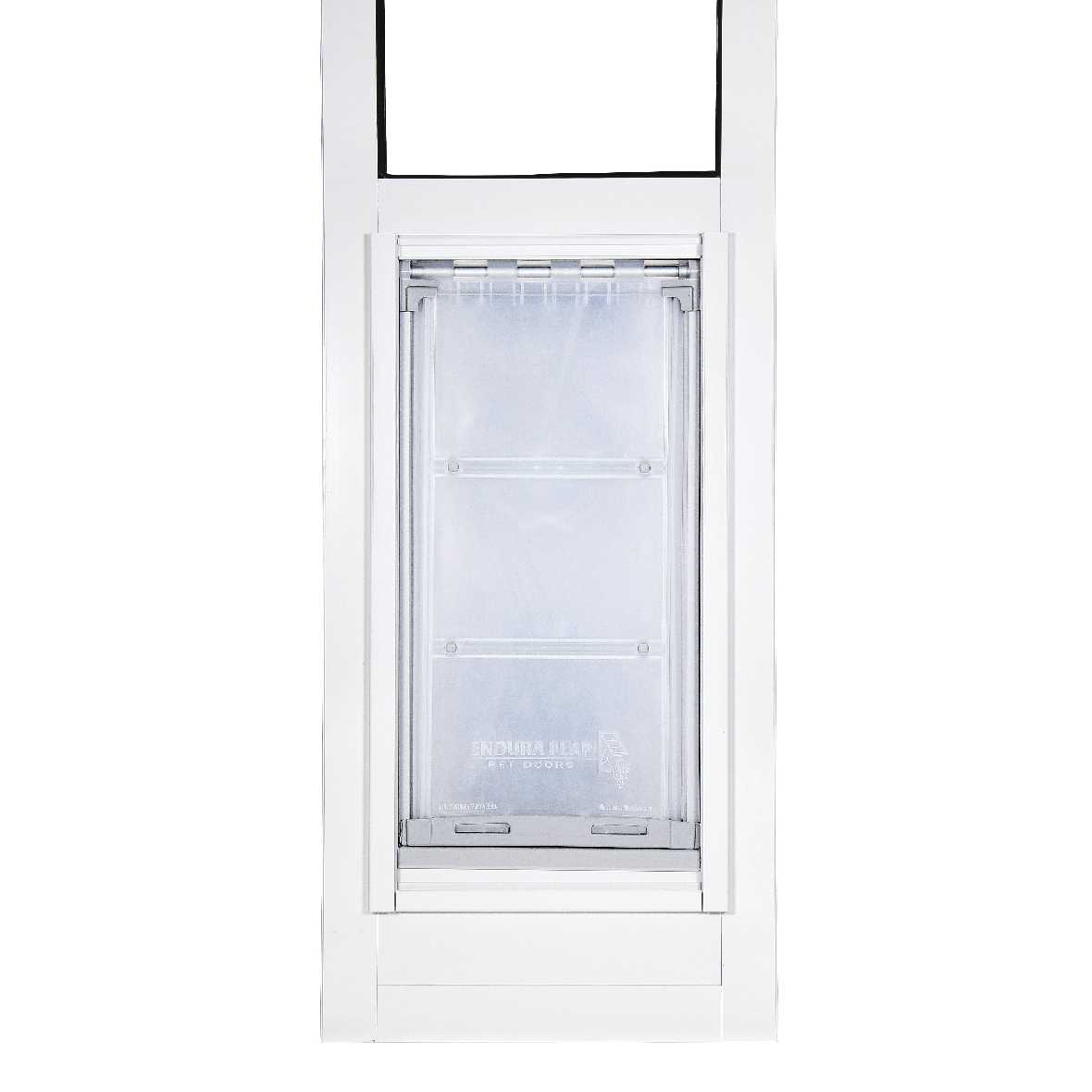 A white pet door with a clear flap.