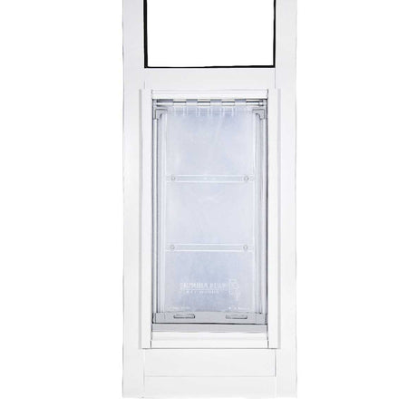 A white pet door with a clear flap.