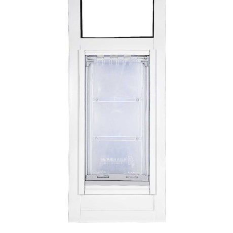 White-framed pet door with clear flap.