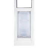 White pet door with a flexible plastic flap.