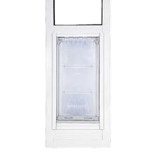 White pet door with a flexible plastic flap.