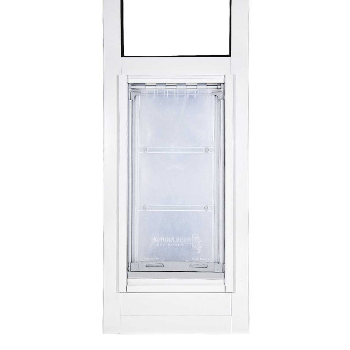 White pet door with a flexible plastic flap.