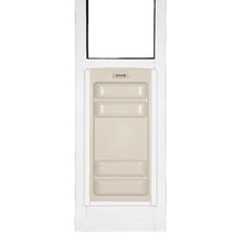 White and tan pet door with a locking panel.