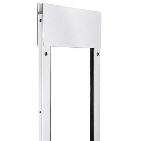 Partial view of a white metal doorway frame.