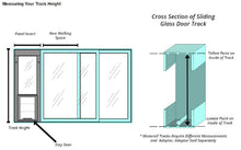 Diagram illustrating how to measure the track height of a sliding glass door, including a cross-section of the track.