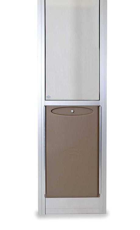 A pet door with a brown flap and a clear top section.