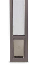 A grey-framed door insert with a "PetSafe" branded pet door at the bottom and clear glass at the top.