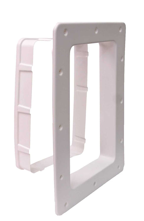 A white, square, plastic mounting box with a frame.