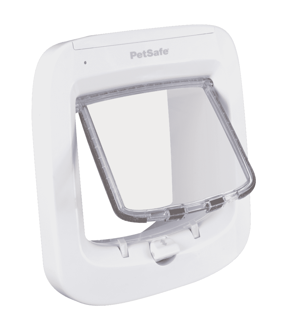 A white PetSafe pet door with a clear, hinged flap.