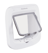 A white PetSafe pet door with a clear, hinged flap.
