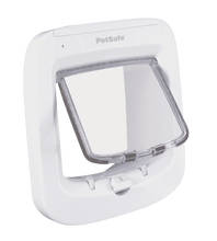 A white PetSafe pet door with a clear, hinged flap.