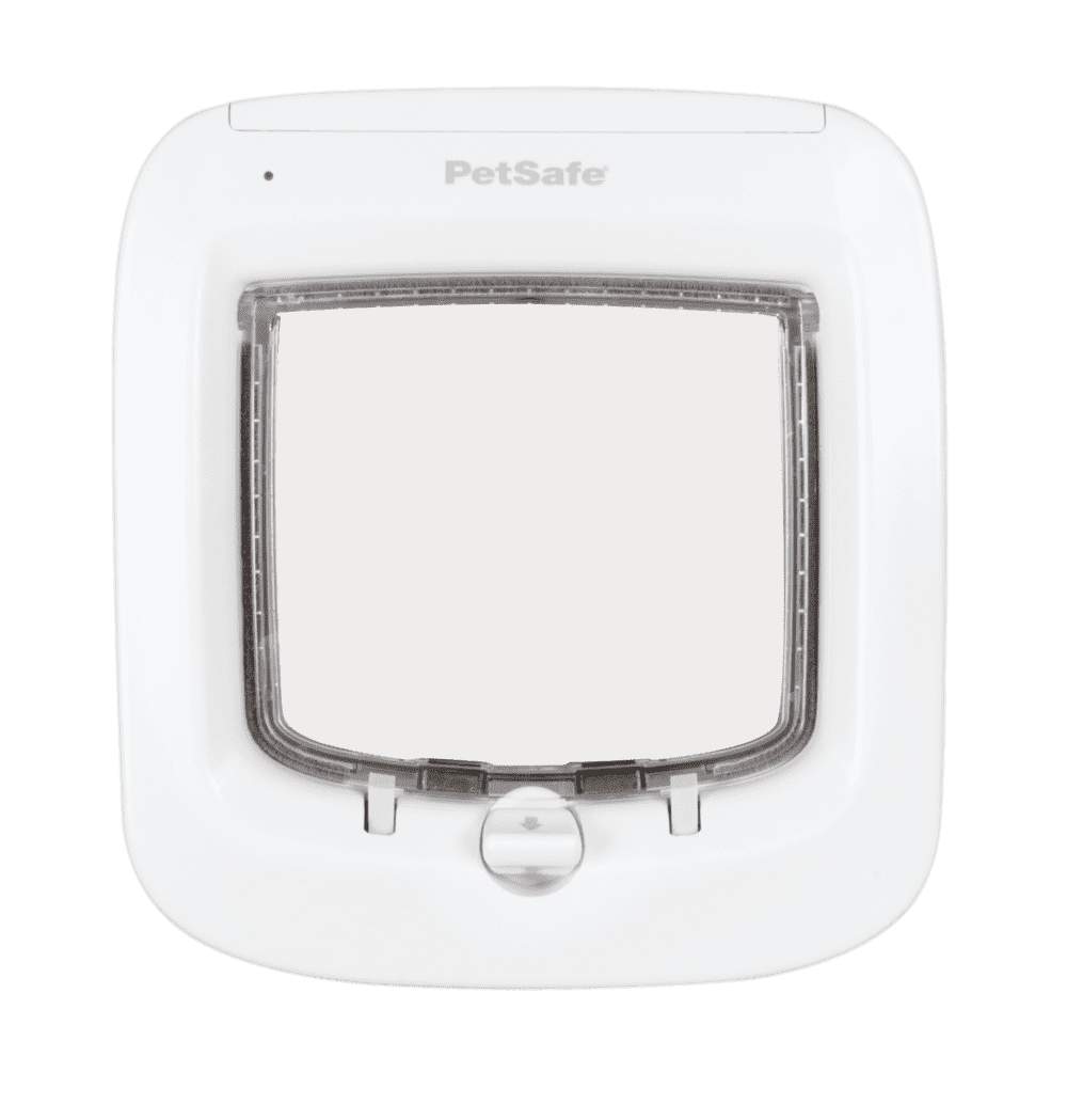 White PetSafe pet door with a clear flap.