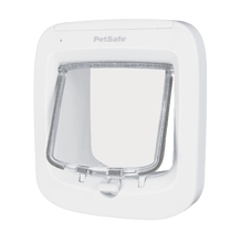 White PetSafe pet door with a transparent flap.