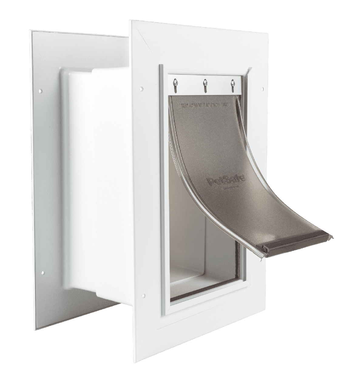 A white PetSafe pet door with a flexible tinted flap.
