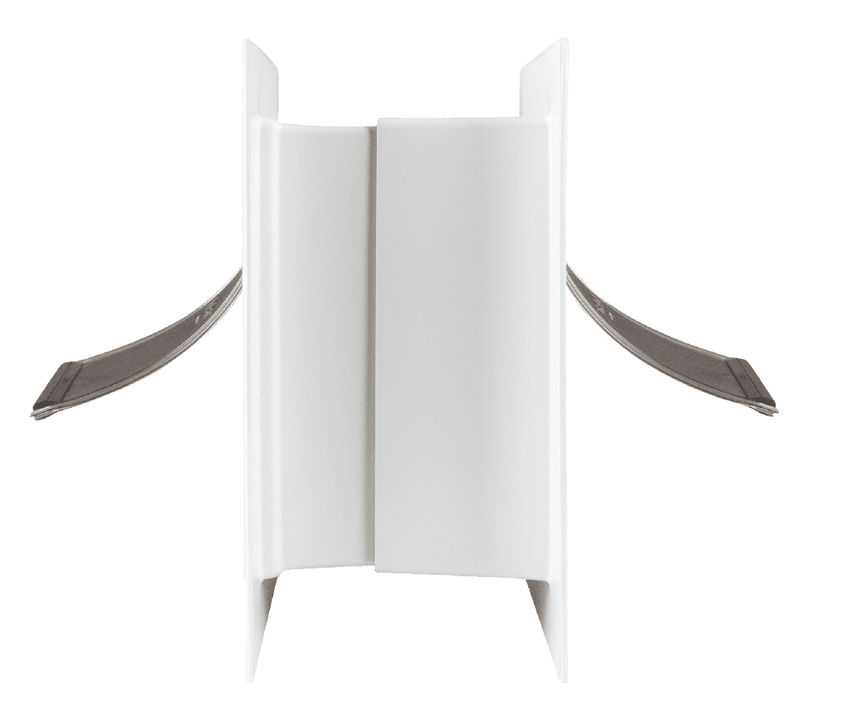 A white, stepped plastic structure with flexible grey tabs.