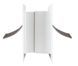 A white, stepped plastic structure with flexible grey tabs.