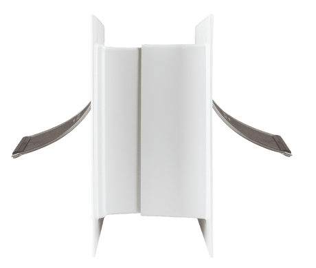 A white, stepped plastic structure with flexible grey tabs.