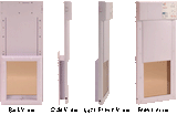 Four views of a white, automated pet door with a sliding panel.