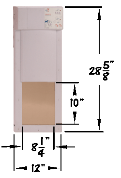 A vertical photograph shows a white sliding glass dog door against a black background.