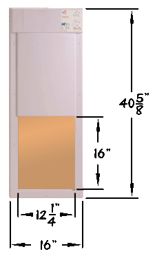 A white dog door with a closed top panel and an open bottom panel.