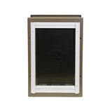 A pet door with a brown frame and black flap.
