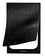 Black rubber mud flap with the word "PRIDE" emblazoned on a banner at the top.