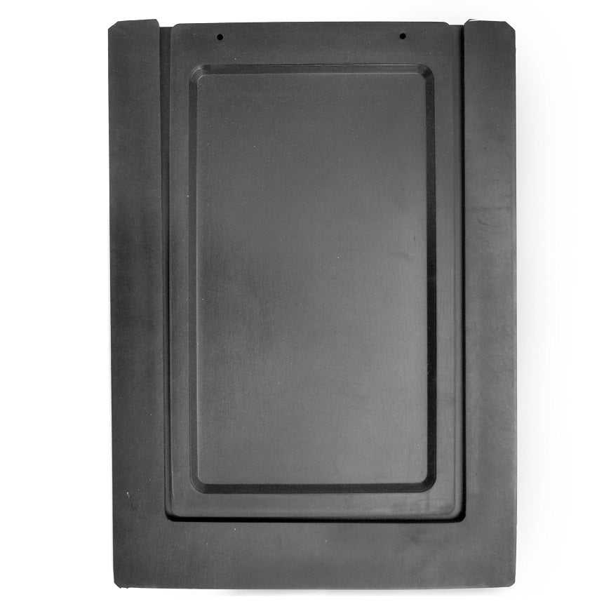 A rectangular, dark gray mud flap with a recessed rectangular panel.
