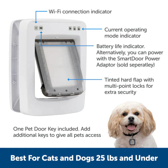 A smart pet door and a small dog are featured in this product image.